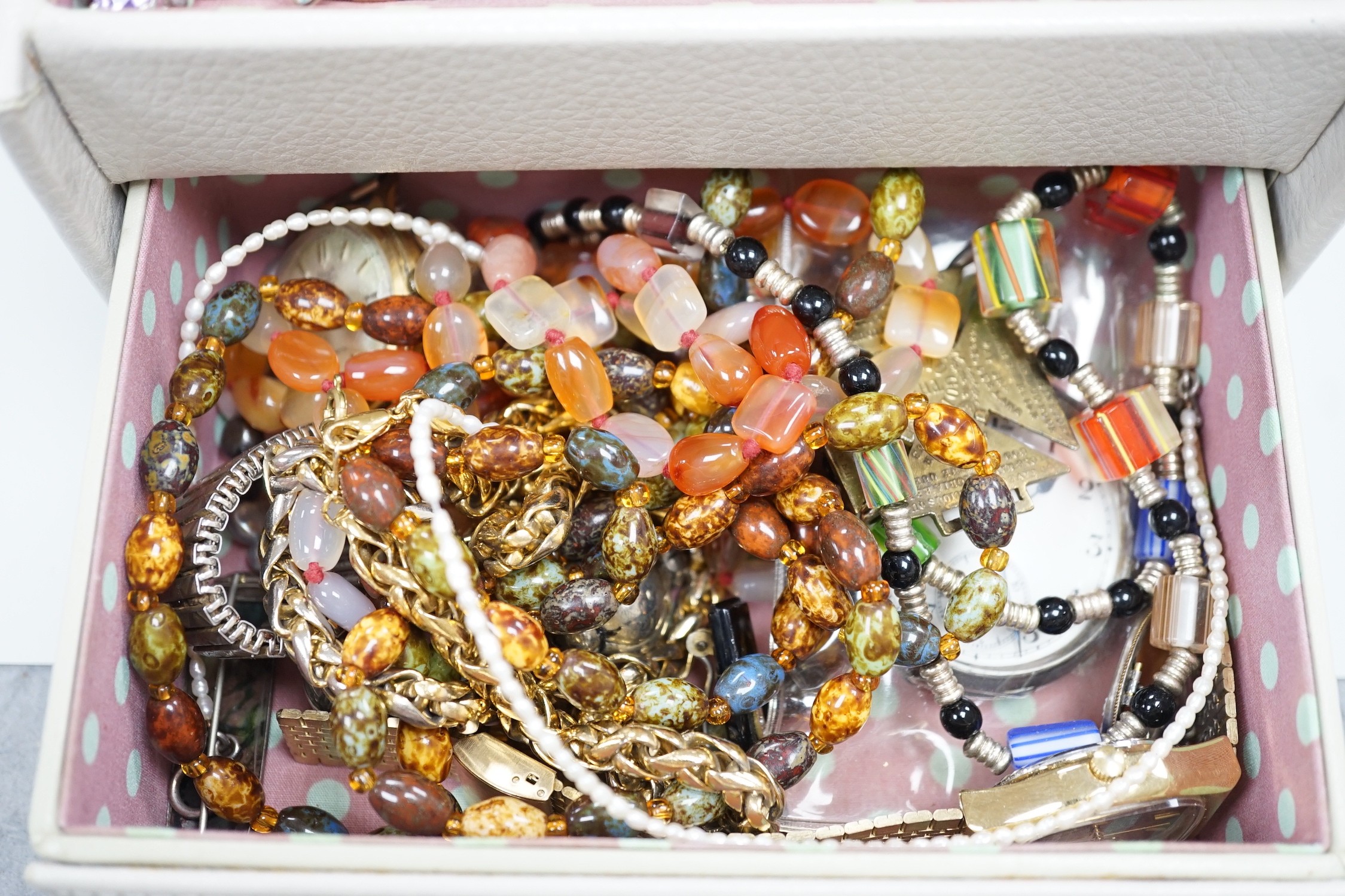 A group of assorted costume jewellery, pocket watches and assorted coins including commemorative.